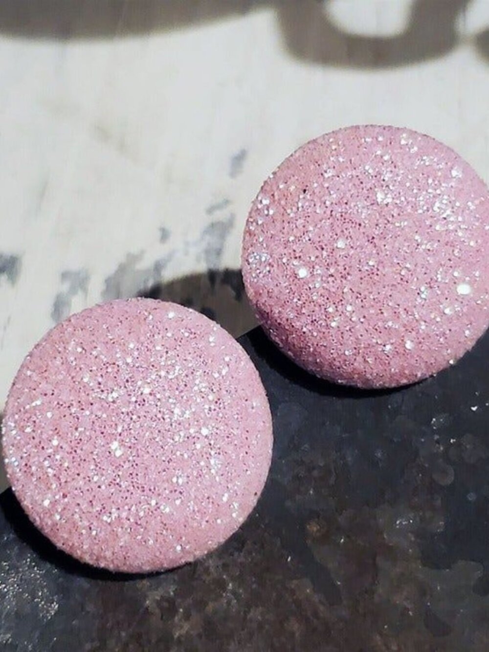 Light Pink Fabric Button Earrings Retro 80s Club Glam Disco Sparkly
